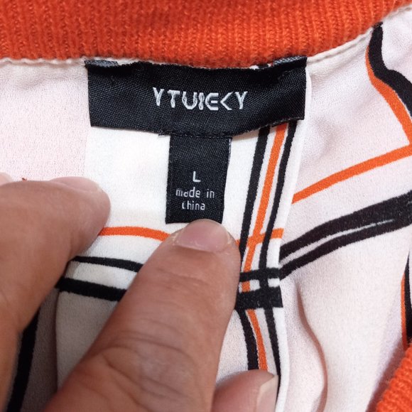 YTUIKEKY orange blouse L 3/4 sleeve open cross back women's top - Picture 4 of 5